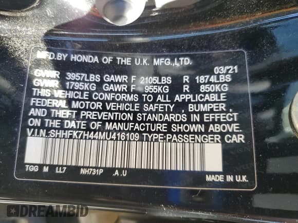 ✅ 2021 Honda Civic Sport • VIN: SHHFK7H44MU416109 • Лот: 84213825. Опубликован ранее на Copart с пробегом 67 791 миль. Бесплатный доступ к архиву аукционных продаж из США и подробный отчёт об истории автомобиля на DreamBid. Изображение 12.