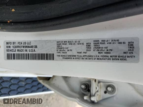 2022 Ram 1500 Lone Star с VIN 1C6RREFM9NN446136, выставлен на аукционе Copart как лот 51057105 с пробегом 106 169 миль миль и Списание • Salvage title. История ставок и продаж доступна на DreamBid. Изображение 13.