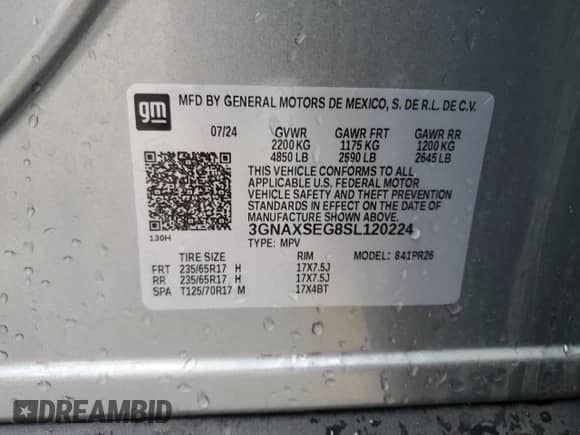 2025 Chevrolet Equinox AWD ACTIV с VIN 3GNAXSEG8SL120224, выставлен на аукционе Copart как лот 58823805 с пробегом 11 860 миль миль и Списание • Salvage title. История ставок и продаж доступна на DreamBid. Изображение 14.