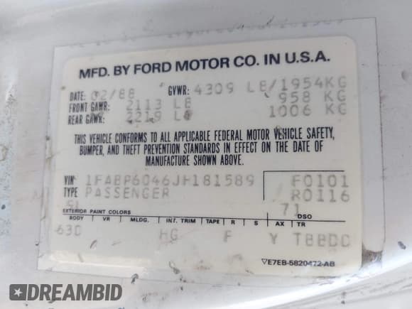 ✅ 1988 Ford Thunderbird • VIN: 1FABP6046JH181589 • Lot: 43096217. Listed on IAAI with 102,307 mi. Free auction sales archive from the USA and detailed vehicle history report at DreamBid. Image 9.