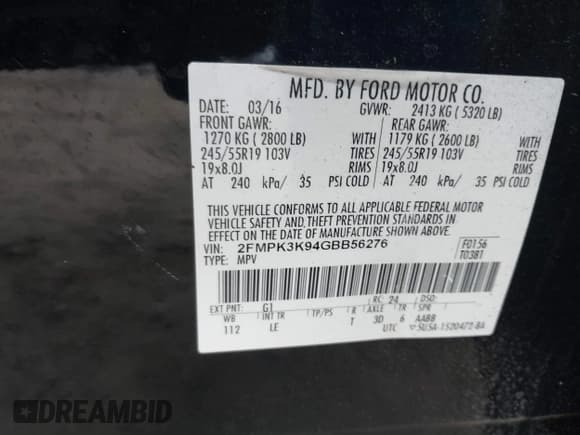✅ 2016 Ford Edge Titanium • VIN: 2FMPK3K94GBB56276 • Lot: 43539645. Listed on IAAI with 125,872 mi. Free auction sales archive from the USA and detailed vehicle history report at DreamBid. Image 9.