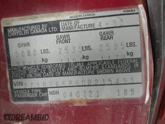 ✅ 1983 Chrysler New Yorker 5th Ave Edition • VIN: 2C3BF66P6DR215493 • Lot: 42920875. Listed on IAAI with 41,783 mi. Free auction sales archive from the USA and detailed vehicle history report at DreamBid. Image 9.