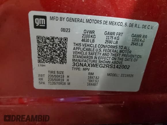 ✅ 2024 Chevrolet Equinox RS • VIN: 3GNAXWEG2RS142002 • Lot: 80723965. Listed on Copart with 19,311 mi. Free auction sales archive from the USA and detailed vehicle history report at DreamBid. Image 13.