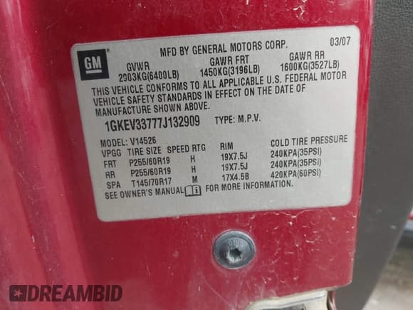 ✅ 2007 GMC Acadia SLT • VIN: 1GKEV33777J132909 • Лот: 42497007. Опубликован ранее на IAAI с пробегом 154 825 миль. Бесплатный доступ к архиву аукционных продаж из США и подробный отчёт об истории автомобиля на DreamBid. Изображение 9.