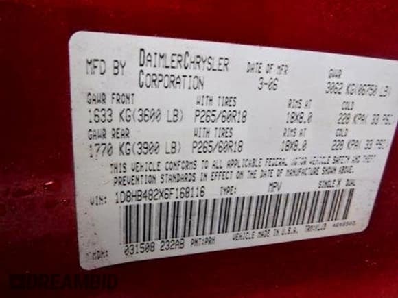 ✅ 2006 Dodge Durango SLT • VIN: 1D8HB482X6F168116 • Lot: 95780025. Listed on Copart with 204,756 mi. Free auction sales archive from the USA and detailed vehicle history report at DreamBid. Image 13.