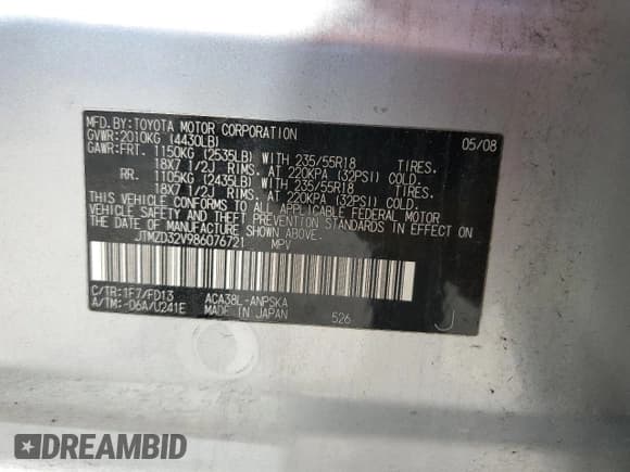 ✅ 2008 Toyota RAV4 Sport • VIN: JTMZD32V986076721 • Lot: 53826655. Listed on Copart with 266,236 mi. Free auction sales archive from the USA and detailed vehicle history report at DreamBid. Image 13.