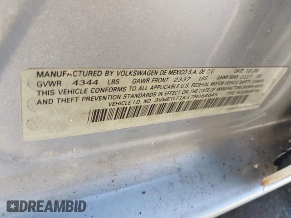 ✅ 2007 Volkswagen Jetta Wolfsburg Edition • VIN: 3VWEG71K17M064045 • Лот: 43838112. Опубликован ранее на IAAI с пробегом Не указан. Бесплатный доступ к архиву аукционных продаж из США и подробный отчёт об истории автомобиля на DreamBid. Изображение 9.