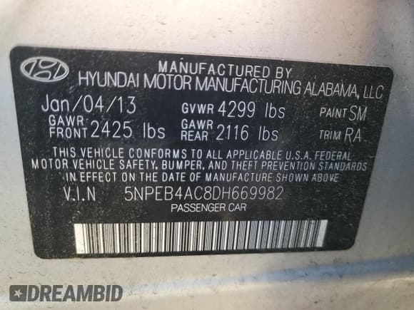 ✅ 2013 Hyundai Sonata GLS • VIN: 5NPEB4AC8DH669982 • Lot: 74144444. Listed on Copart with 53,378 mi. Free auction sales archive from the USA and detailed vehicle history report at DreamBid. Image 12.