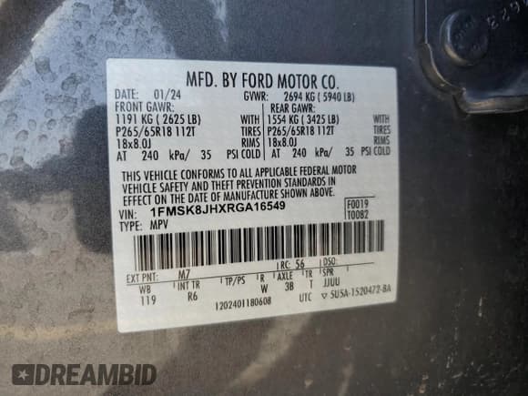 ✅ 2024 Ford Explorer Timberline • VIN: 1FMSK8JHXRGA16549 • Лот: 70749345. Опубликован ранее на Copart с пробегом 37 697 миль. Бесплатный доступ к архиву аукционных продаж из США и подробный отчёт об истории автомобиля на DreamBid. Изображение 14.