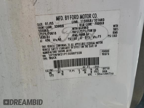 ✅ 2005 Ford F-350 XL • VIN: 1FTWW31P15EB87328 • Lot: 59775765. Listed on Copart with 160,367 mi. Free auction sales archive from the USA and detailed vehicle history report at DreamBid. Image 12.