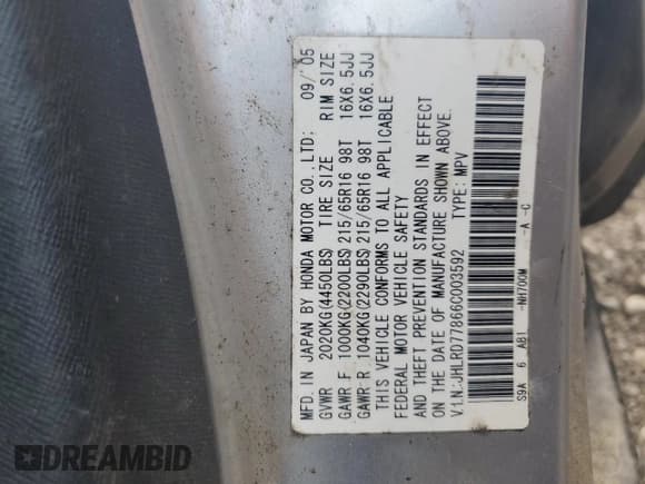 ✅ 2006 Honda CR-V EX • VIN: JHLRD77866C003592 • Лот: 91759255. Опубликован ранее на Copart с пробегом Не указан. Бесплатный доступ к архиву аукционных продаж из США и подробный отчёт об истории автомобиля на DreamBid. Изображение 13.