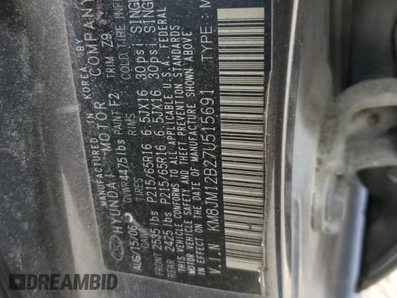 2007 Hyundai Tucson GLS with VIN KM8JM12B27U515691, listed as a Copart auction lot 68236814 with 120,898 mi miles and Salvage title. Bid and sale history available at DreamBid. Image 13.