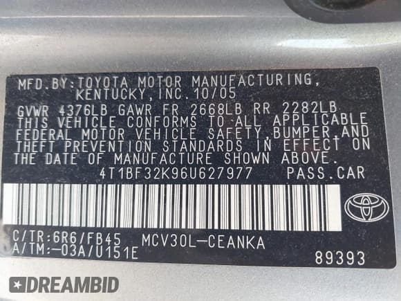 ✅ 2006 Toyota Camry LE • VIN: 4T1BF32K96U627977 • Лот: 43161374. Опубликован ранее на IAAI с пробегом 167 783 миль. Бесплатный доступ к архиву аукционных продаж из США и подробный отчёт об истории автомобиля на DreamBid. Изображение 9.