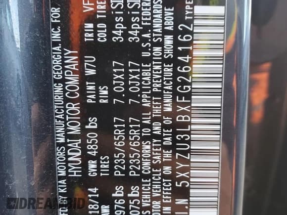 ✅ 2015 Hyundai Santa Fe • VIN: 5XYZU3LBXFG264162 • Lot: 89681285. Listed on Copart with 96,828 mi. Free auction sales archive from the USA and detailed vehicle history report at DreamBid. Image 12.