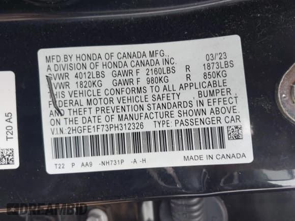 ✅ 2023 Honda Civic EX • VIN: 2HGFE1F73PH312326 • Лот: 42864113. Опубликован ранее на IAAI с пробегом 52 667 миль. Бесплатный доступ к архиву аукционных продаж из США и подробный отчёт об истории автомобиля на DreamBid. Изображение 9.