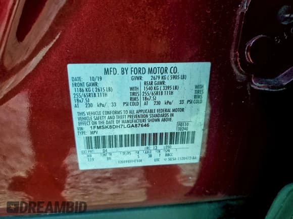 ✅ 2020 Ford Explorer XLT • VIN: 1FMSK8DH7LGA87646 • Lot: 95713735. Listed on Copart with 118,829 mi. Free auction sales archive from the USA and detailed vehicle history report at DreamBid. Image 13.