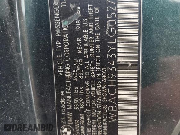 ✅ 2000 BMW Z3 2.5 • VIN: WBACH9343YLG05276 • Lot: 79605494. Listed on Copart with 38,226 mi. Free auction sales archive from the USA and detailed vehicle history report at DreamBid. Image 13.