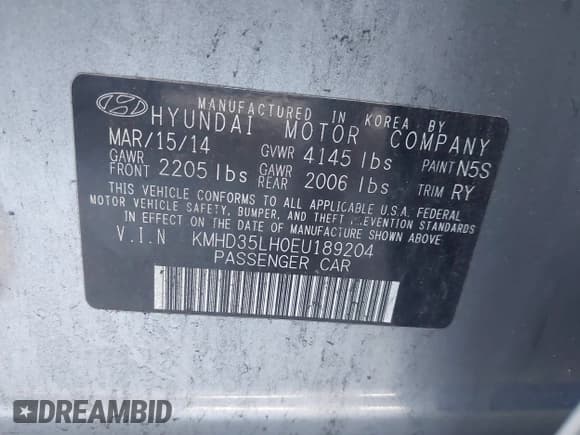 ✅ 2014 Hyundai Elantra • VIN: KMHD35LH0EU189204 • Lot: 43294568. Listed on IAAI with 121,570 mi. Free auction sales archive from the USA and detailed vehicle history report at DreamBid. Image 9.