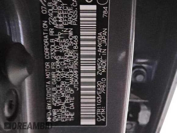 ✅ 2022 Toyota Prius LE • VIN: JTDKAMFPXN3218468 • Lot: 81363975. Listed on Copart with 36,428 mi. Free auction sales archive from the USA and detailed vehicle history report at DreamBid. Image 12.