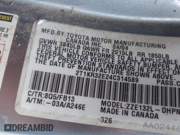 ✅ 2004 Toyota Matrix Std • VIN: 2T1KR32E24C314589 • Lot: 43770514. Wystawiony na IAAI z przebiegiem 231 854 mil. Bezpłatny archiwum sprzedaży aukcyjnych z USA i szczegółowy raport historii pojazdu na DreamBid. Zdjęcie 9.