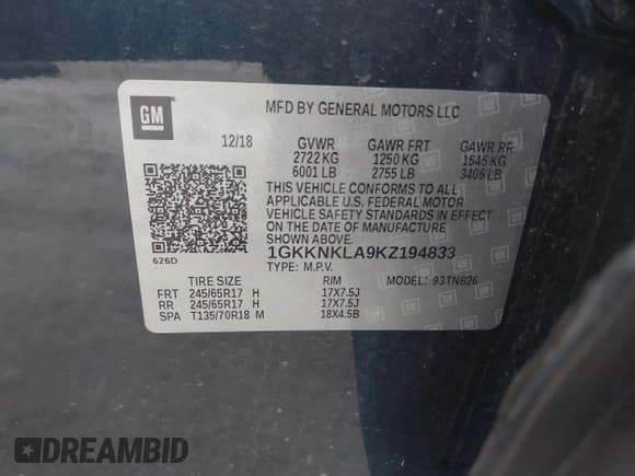 ✅ 2019 GMC Acadia SLE • VIN: 1GKKNKLA9KZ194833 • Лот: 42425925. Опубликован ранее на IAAI с пробегом 91 050 миль. Бесплатный доступ к архиву аукционных продаж из США и подробный отчёт об истории автомобиля на DreamBid. Изображение 9.