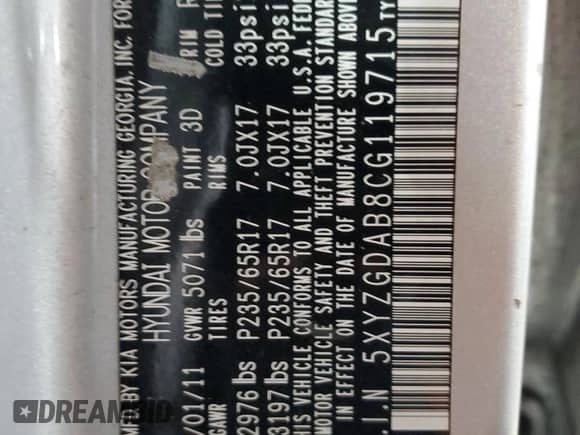 2012 Hyundai Santa Fe GLS with VIN 5XYZGDAB8CG119715, listed as a Copart auction lot 61458234 with 140,378 mi miles and Salvage title. Bid and sale history available at DreamBid. Image 13.