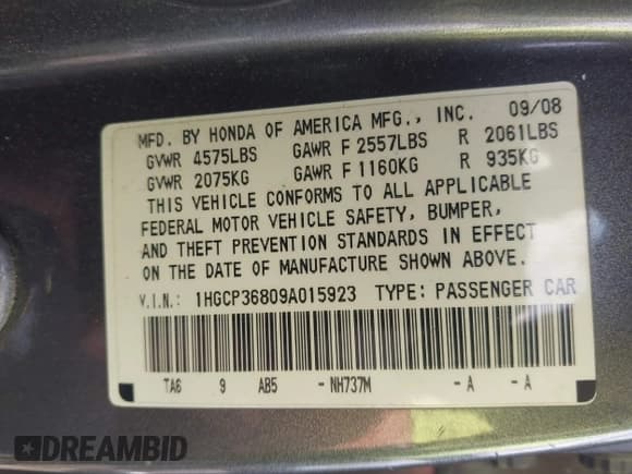 ✅ 2009 Honda Accord EX-L • VIN: 1HGCP36809A015923 • Lot: 43109614. Wystawiony na IAAI z przebiegiem 28 456 mil. Bezpłatny archiwum sprzedaży aukcyjnych z USA i szczegółowy raport historii pojazdu na DreamBid. Zdjęcie 9.