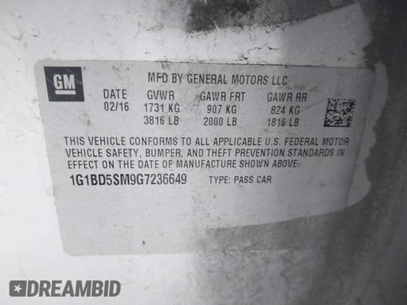 2016 Chevrolet Cruze LT с VIN 1G1BD5SM9G7236649, выставлен на аукционе IAAI как лот 41054570 с пробегом Не указан миль и . История ставок и продаж доступна на DreamBid. Изображение 9.