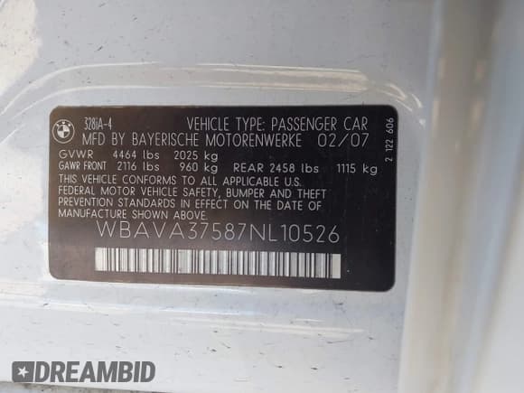 ✅ 2007 BMW 3 Series 328i • VIN: WBAVA37587NL10526 • Lot: 43607857. Wystawiony na IAAI z przebiegiem Nie podano. Bezpłatny archiwum sprzedaży aukcyjnych z USA i szczegółowy raport historii pojazdu na DreamBid. Zdjęcie 9.