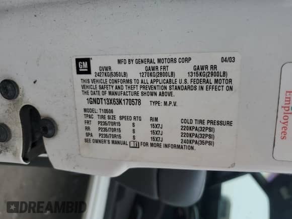 2003 Chevrolet Blazer LS z VIN 1GNDT13X63K170578, wystawiony jako Copart lot #86630144 z przebiegiem 105 749 mil mil oraz Szkoda całkowita • Salvage title. Historia ofert i sprzedaży dostępna na DreamBid. Obrazek 13.