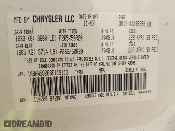 ✅ 2008 Chrysler Aspen Limited • VIN: 1A8HW58268F119113 • Lot: 42862225. Wystawiony na IAAI z przebiegiem 190 460 mil. Bezpłatny archiwum sprzedaży aukcyjnych z USA i szczegółowy raport historii pojazdu na DreamBid. Zdjęcie 9.