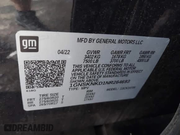 ✅ 2022 Chevrolet Tahoe LT • VIN: 1GNSKNKD1NR264693 • Lot: 42858446. Listed on IAAI with 17,283 mi. Free auction sales archive from the USA and detailed vehicle history report at DreamBid. Image 9.