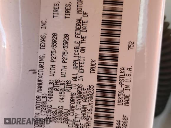 ✅ 2018 Toyota Tundra Limited • VIN: 5TFHY5F16JX700235 • Lot: 89520205. Listed on Copart with 124,998 mi. Free auction sales archive from the USA and detailed vehicle history report at DreamBid. Image 12.