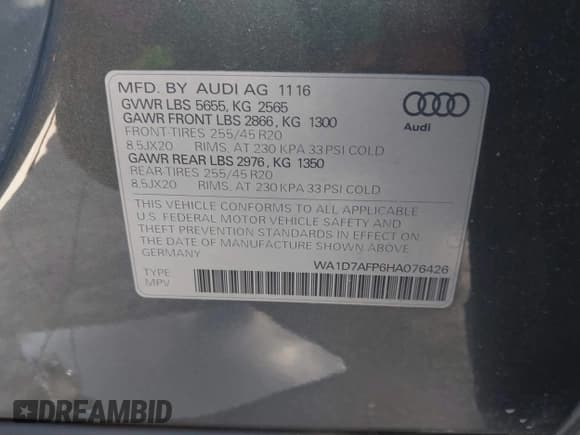 ✅ 2017 Audi Q5 Premium Plus • VIN: WA1D7AFP6HA076426 • Lot: 42327998. Listed on IAAI with 101,444 mi. Free auction sales archive from the USA and detailed vehicle history report at DreamBid. Image 9.