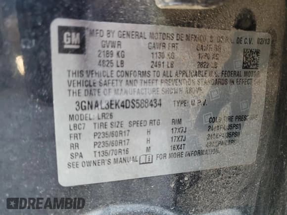 ✅ 2013 Chevrolet Captiva Sport LT • VIN: 3GNAL3EK4DS588434 • Лот: 57278425. Опубликован ранее на Copart с пробегом Не указан. Бесплатный доступ к архиву аукционных продаж из США и подробный отчёт об истории автомобиля на DreamBid. Изображение 13.