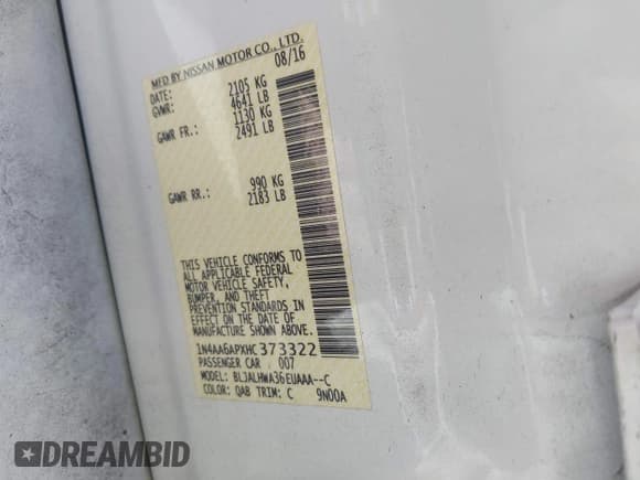 ✅ 2017 Nissan Maxima S • VIN: 1N4AA6APXHC373322 • Lot: 42660055. Listed on IAAI with 47,147 mi. Free auction sales archive from the USA and detailed vehicle history report at DreamBid. Image 9.