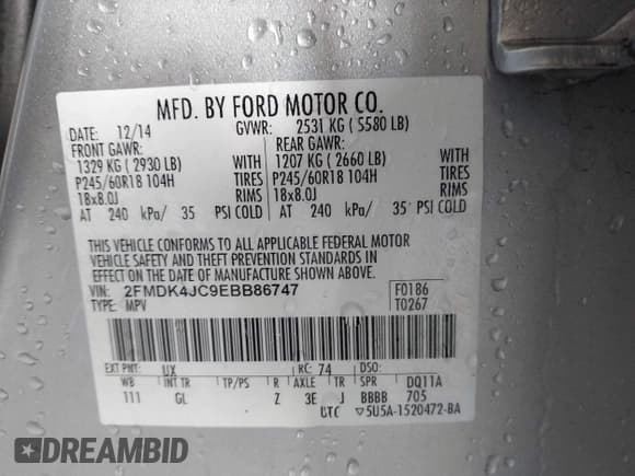 ✅ 2014 Ford Edge SEL • VIN: 2FMDK4JC9EBB86747 • Lot: 43715359. Listed on IAAI with 111,628 mi. Free auction sales archive from the USA and detailed vehicle history report at DreamBid. Image 9.