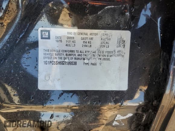 ✅ 2016 Chevrolet Cruze LS • VIN: 1G1PC5SH6G7199538 • Lot: 84286275. Listed on Copart with 89,212 mi. Free auction sales archive from the USA and detailed vehicle history report at DreamBid. Image 12.