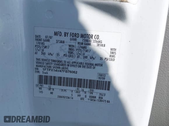 ✅ 2007 Ford F-150 XLT • VIN: 1FTPX14V47FB76062 • Лот: 43217693. Опубликован ранее на IAAI с пробегом 188 038 миль. Бесплатный доступ к архиву аукционных продаж из США и подробный отчёт об истории автомобиля на DreamBid. Изображение 9.