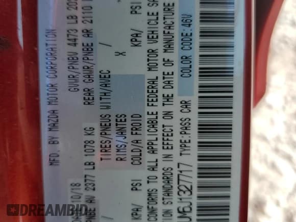 ✅ 2018 Mazda 6 Sport • VIN: JM1GL1UM6J1327717 • Lot: 71765545. Listed on Copart with Not provided. Free auction sales archive from the USA and detailed vehicle history report at DreamBid. Image 12.