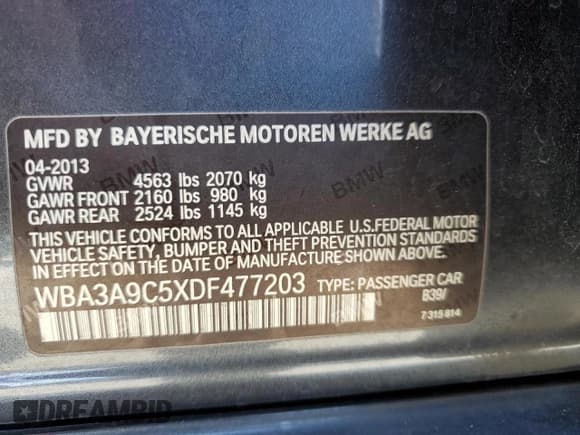 ✅ 2013 BMW 3 Series 335i • VIN: WBA3A9C5XDF477203 • Lot: 61187955. Listed on Copart with 122,646 mi. Free auction sales archive from the USA and detailed vehicle history report at DreamBid. Image 12.