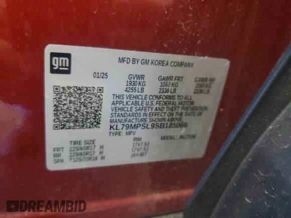 ✅ 2025 Chevrolet TrailBlazer LT • VIN: KL79MPSL9SB185066 • Lot: 86300725. Listed on Copart with Not provided miles. Access the free auction sales archive from the USA and view a detailed vehicle history report at DreamBid. Image 13.