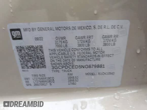 2022 Chevrolet Silverado 1500 Custom Trail Boss with VIN 3GCPDCED5NG679881, listed as a IAAI auction lot 42430820 with 30,910 mi miles and . Bid and sale history available at DreamBid. Image 9.