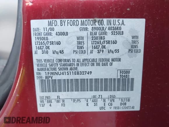 ✅ 2001 Ford Excursion XLT • VIN: 1FMNU41S11EB32749 • Lot: 42677214. Listed on IAAI with 178,624 mi. Free auction sales archive from the USA and detailed vehicle history report at DreamBid. Image 9.