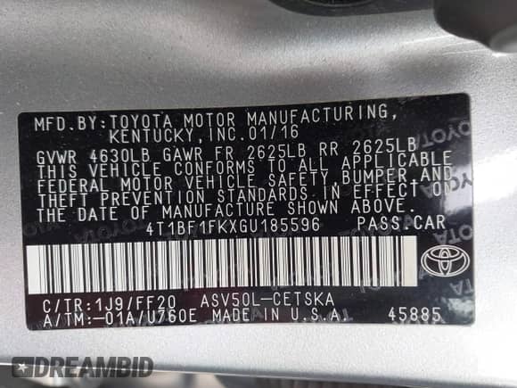 2016 Toyota Camry SE with VIN 4T1BF1FKXGU185596, listed as a IAAI auction lot 43200360 with 84,797 mi miles and . Bid and sale history available at DreamBid. Image 9.