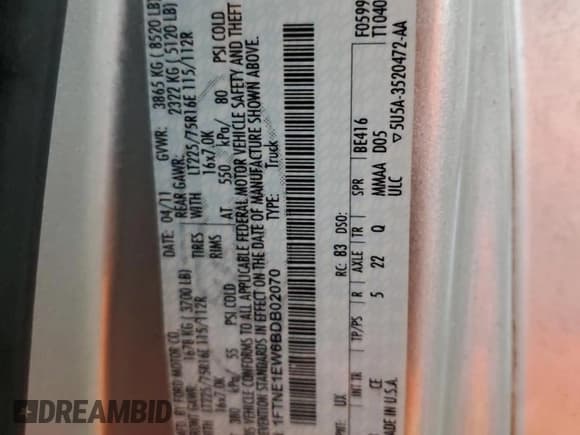 ✅ 2011 Ford Econoline Cargo Commercial • VIN: 1FTNE1EW6BDB02070 • Лот: 58601985. Опубликован ранее на Copart с пробегом 58 381 миль. Бесплатный доступ к архиву аукционных продаж из США и подробный отчёт об истории автомобиля на DreamBid. Изображение 13.