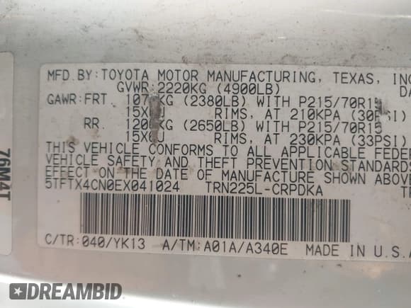 ✅ 2014 Toyota Tacoma • VIN: 5TFTX4CN0EX041024 • Lot: 43762904. Wystawiony na IAAI z przebiegiem 168 340 mil. Bezpłatny archiwum sprzedaży aukcyjnych z USA i szczegółowy raport historii pojazdu na DreamBid. Zdjęcie 9.