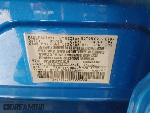 ✅ 2024 Nissan Sentra SV • VIN: 3N1AB8CV5RY224228 • Lot: 43793369. Listed on IAAI with 17,688 mi. Free auction sales archive from the USA and detailed vehicle history report at DreamBid. Image 9.