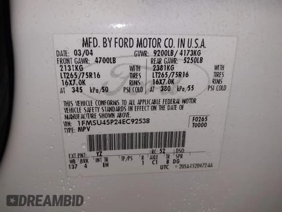 ✅ 2004 Ford Excursion Eddie Bauer • VIN: 1FMSU45P24EC92538 • Лот: 42450057. Опубликован ранее на IAAI с пробегом 261 185 миль. Бесплатный доступ к архиву аукционных продаж из США и подробный отчёт об истории автомобиля на DreamBid. Изображение 9.