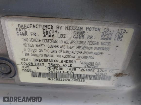 ✅ 2004 Nissan Sentra S • VIN: 3N1CB51DX4L840353 • Lot: 42927104. Listed on IAAI with 244,980 mi. Free auction sales archive from the USA and detailed vehicle history report at DreamBid. Image 9.